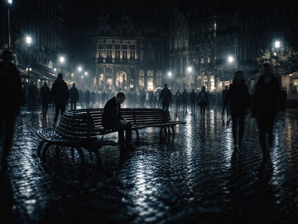 Homme seul assis sous la pluie sur la Grand-Place de Mons représentant la solitude et l’exclusion sociale.